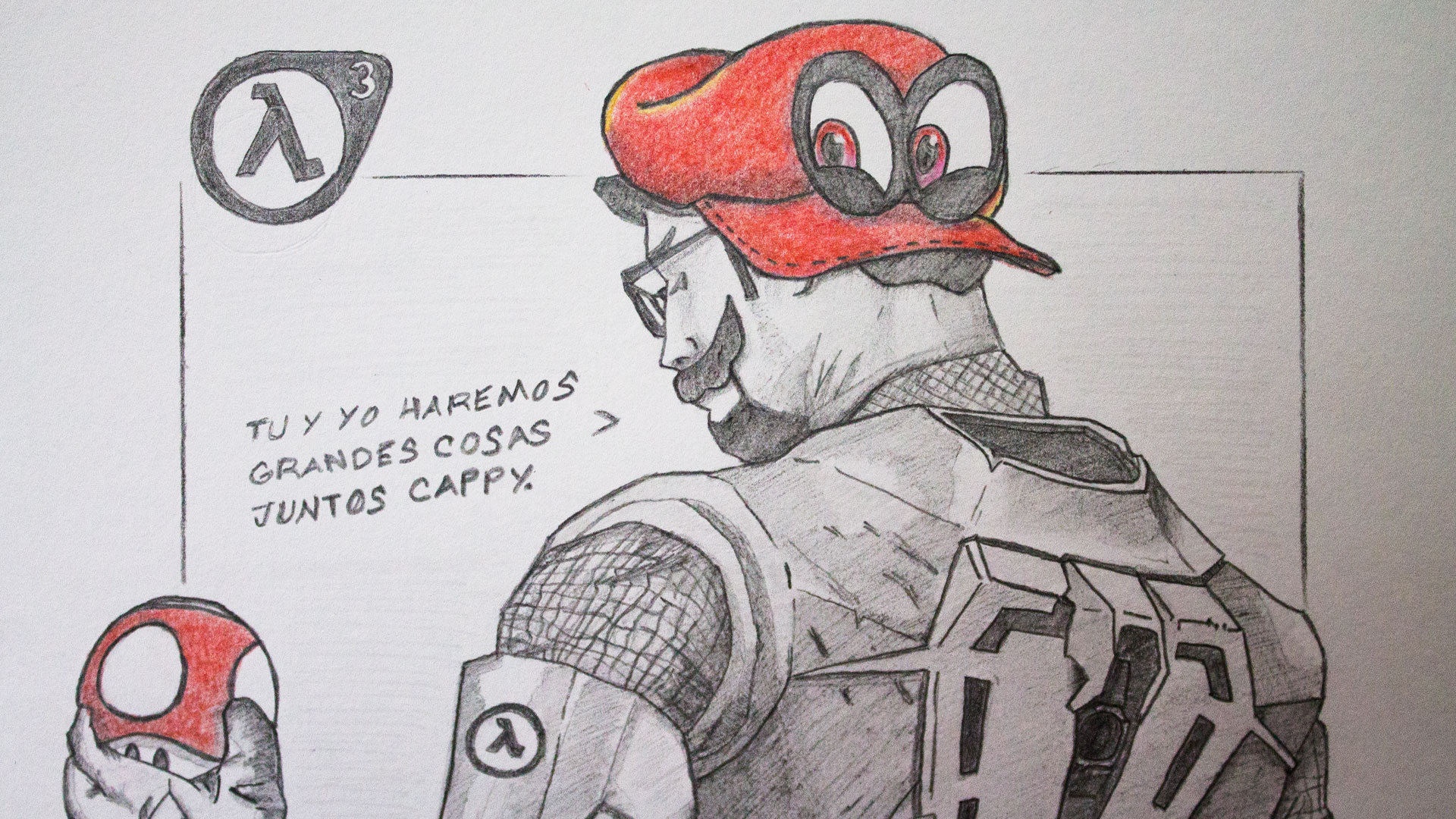 Ilustración a lápiz de Gordon Freeman y Cappy de Mario Oddisey