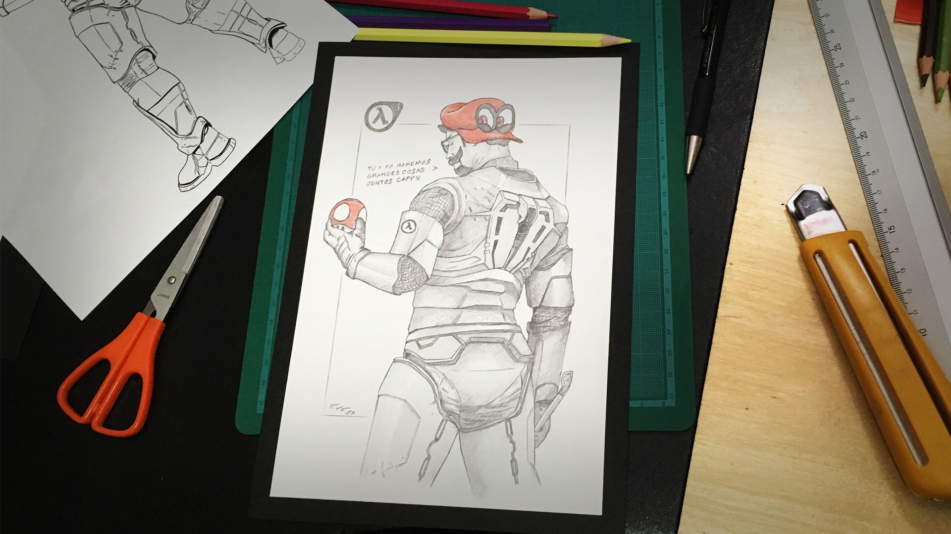 Ilustración a lápiz de Gordon Freeman y Cappy de Mario Oddisey